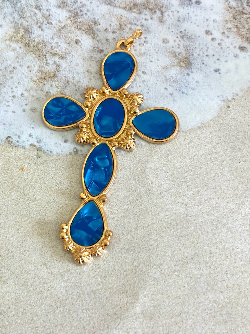 Gold-Tone Cross Pendant Necklace with Blue Inlay